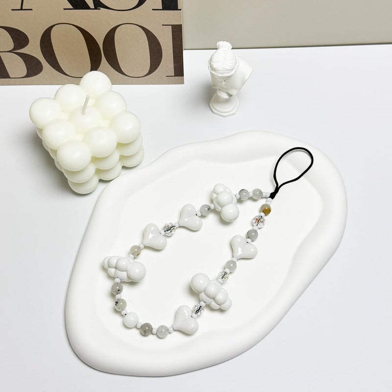 WCCH Beaded Phone Charm Y2K Kawaii Handmade Acrylic Phone Lanyard Wrist Strap for Camera Bag Airpods Keychain Charm White Heart and White Cloud - Image 2